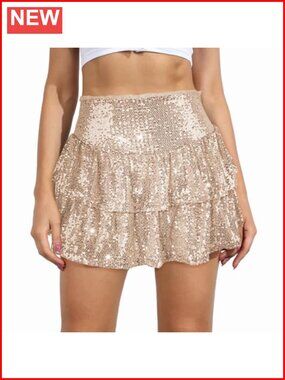 Sequin Ruffle High Waist Mini Skirt Sparkly Party Club Skirt with Lining